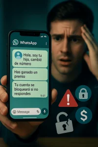 Ejemplo de estafa por WhatsApp con mensaje fraudulento y usuario en riesgo de ciberengaño