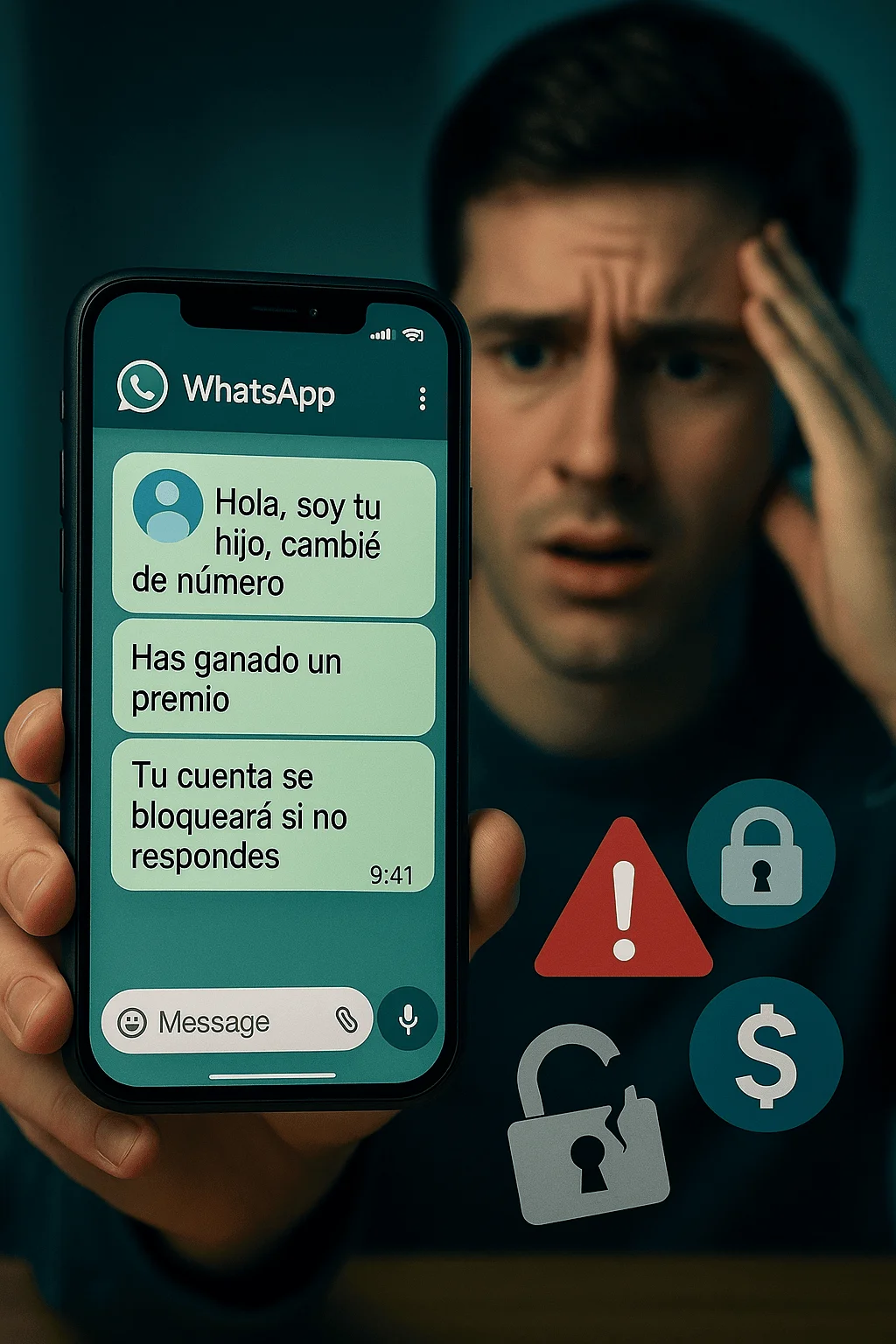Ejemplo de estafa por WhatsApp con mensaje fraudulento y usuario en riesgo de ciberengaño