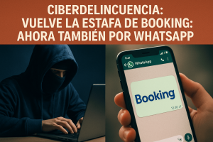 Hacker frente a un ordenador y mensaje fraudulento de Booking en WhatsApp, representando una estafa online que utiliza la identidad de Booking.com