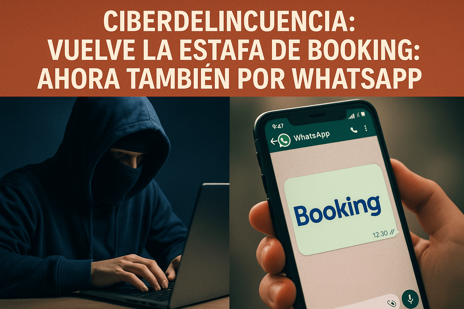 Hacker frente a un ordenador y mensaje fraudulento de Booking en WhatsApp, representando una estafa online que utiliza la identidad de Booking.com