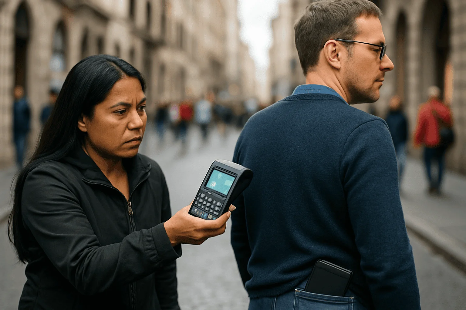 Carterista digital cometiendo estafa con datáfono contactless a un turista en una calle concurrida
