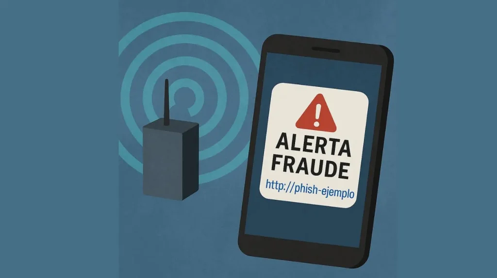 Fraude digital con SMS blasters, antena falsa y móvil con alerta de estafa.