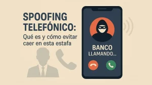 Ilustración sobre spoofing telefónico que muestra un móvil con llamada falsa de un banco y un estafador enmascarado.