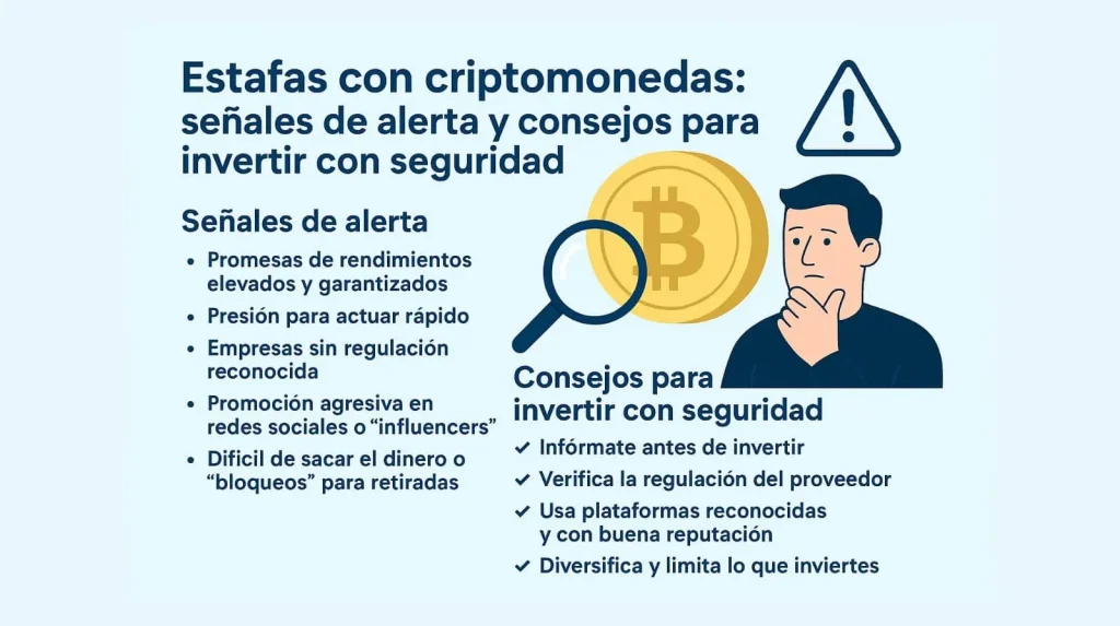 Estafas con criptomonedas y consejos para invertir con seguridad, mostrando advertencias y protección digital.