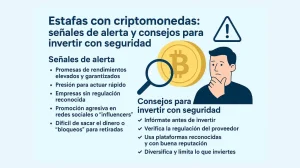 Estafas con criptomonedas y consejos para invertir con seguridad, mostrando advertencias y protección digital.