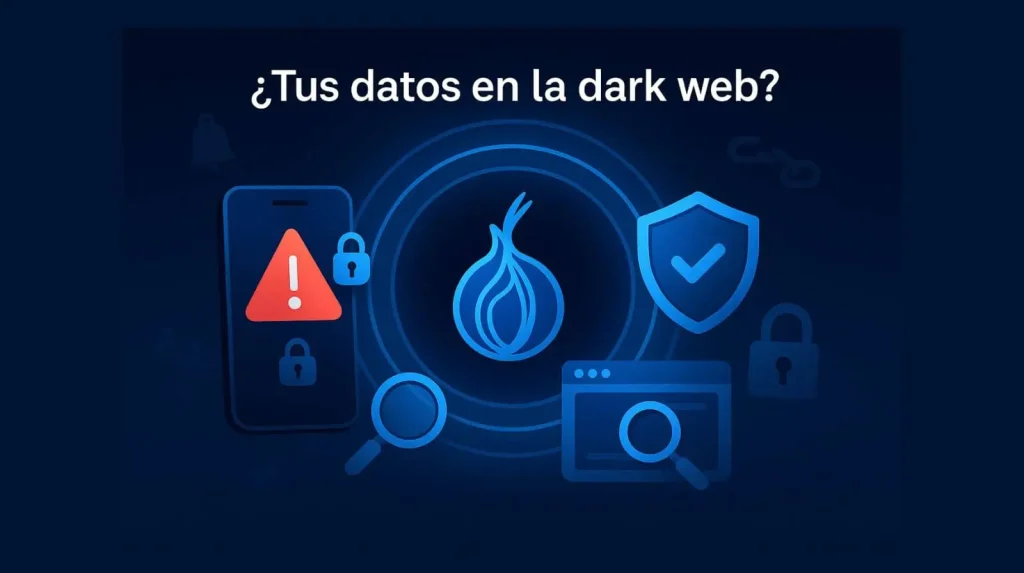 Comprobación de datos filtrados en la dark web: móvil con alerta, escudo 2FA y símbolo onion