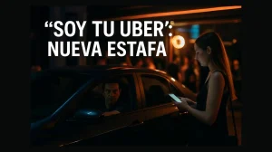 La estafa “Soy tu Uber”, donde un conductor falso intenta engañar a una pasajera distraída.