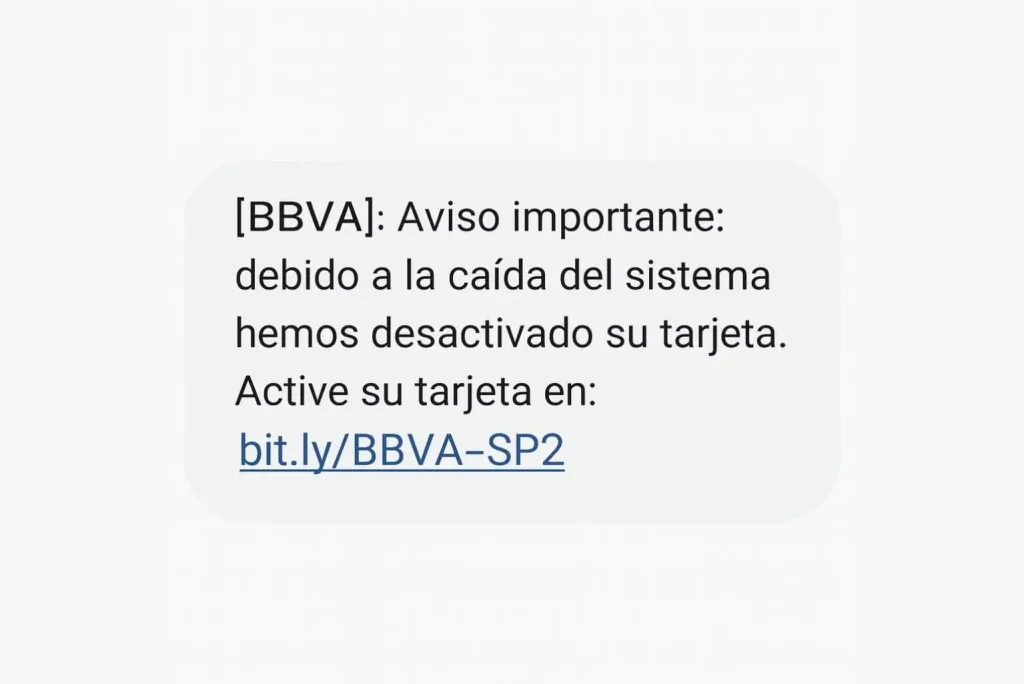 Mensaje falso de BBVA que alerta sobre una supuesta caída del sistema para robar datos bancarios