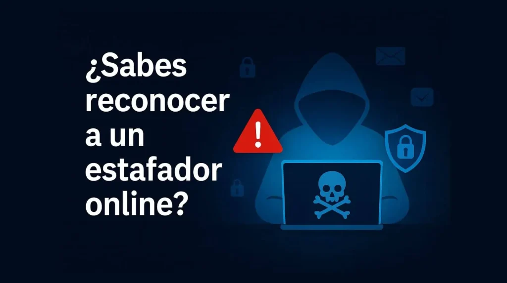 Representación visual de cómo identificar a un estafador online, con iconos de alerta, hacker y elementos de ciberseguridad.