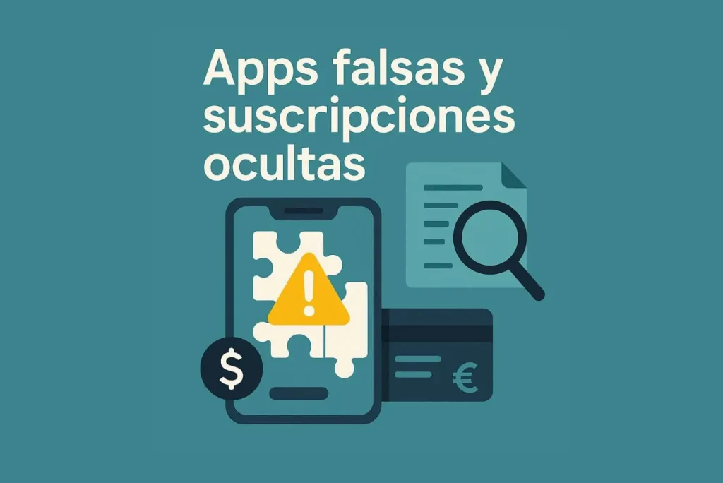 ilustración sobre apps falsas y suscripciones ocultas en móviles