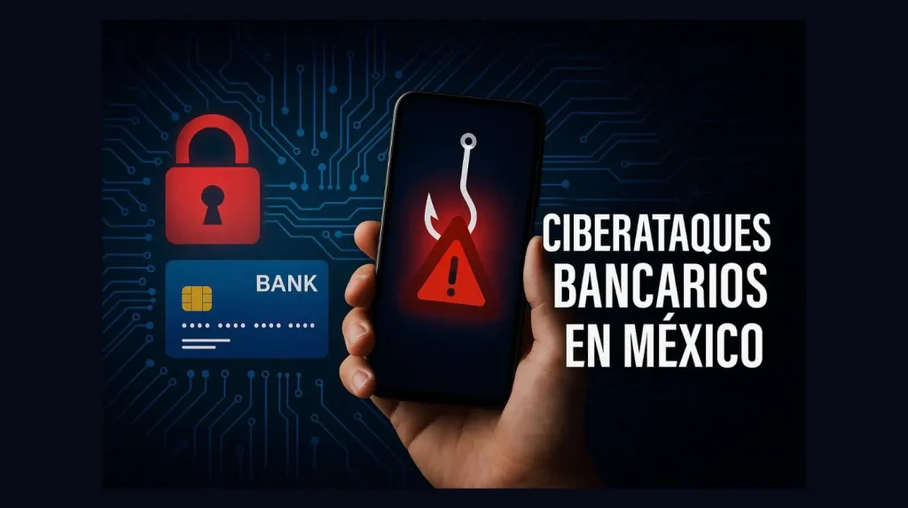 Teléfono móvil con alerta de ciberataque bancario en México, símbolo de phishing y tarjeta bancaria en fondo digital azul