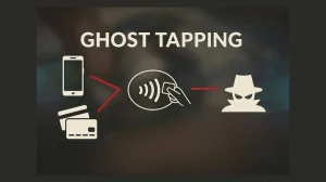 Infografía sobre la estafa ghost tapping y cómo los delincuentes realizan cargos sin contacto mediante tecnología NFC