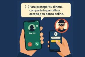 Aviso de la Policía Nacional sobre una estafa bancaria en WhatsApp donde un falso empleado pide compartir pantalla
