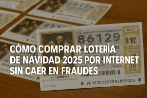Décimos de Lotería de Navidad 2025 sobre un portátil que simbolizan la compra por internet segura