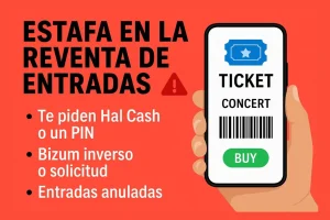 Alerta por estafa en reventa de entradas: móvil con ticket y aviso de peligro