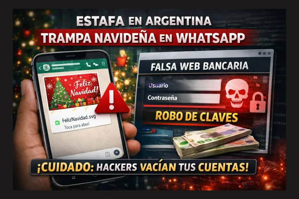 Estafa en WhatsApp en Argentina con archivo SVG navideño y web bancaria falsa para robar contraseñas