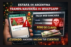 Estafa en WhatsApp en Argentina con archivo SVG navideño y web bancaria falsa para robar contraseñas