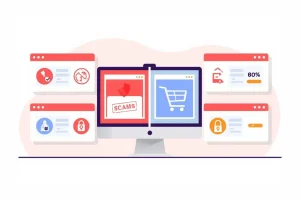 Ilustración de estafas online en Navidad y rebajas para prevenir fraudes en compras por internet en España.