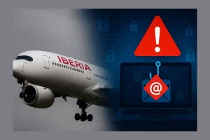 Avión de Iberia junto a un aviso de ciberseguridad que representa la filtración de datos y el riesgo de comunicaciones sospechosas a sus clientes
