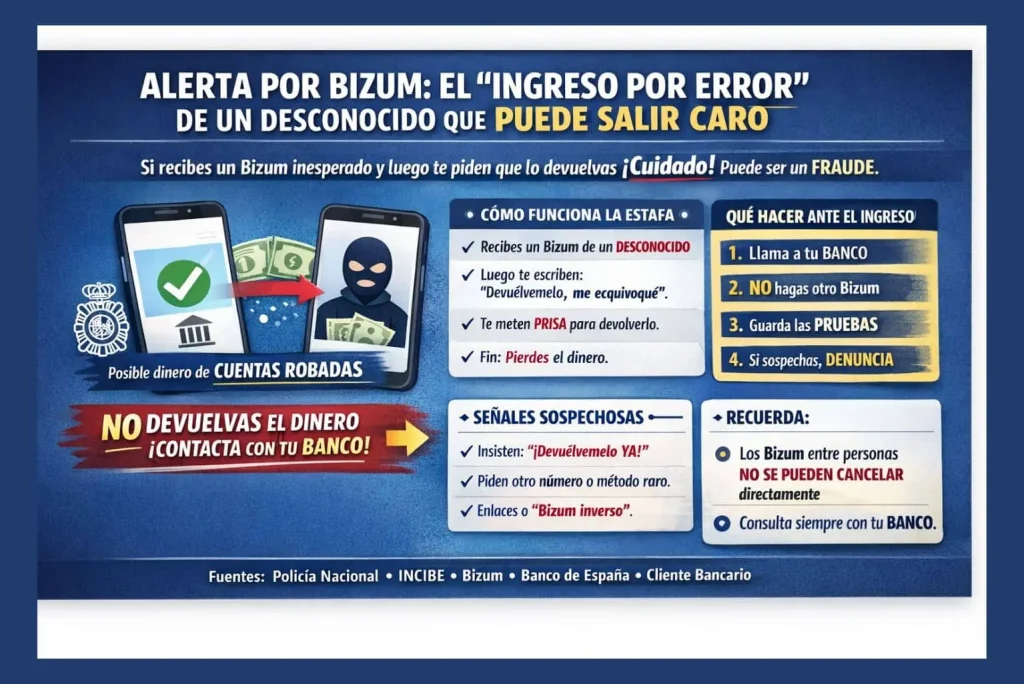 estafa Bizum “ingreso por error” de un desconocido y pasos seguros (no devolver, contactar con el banco)