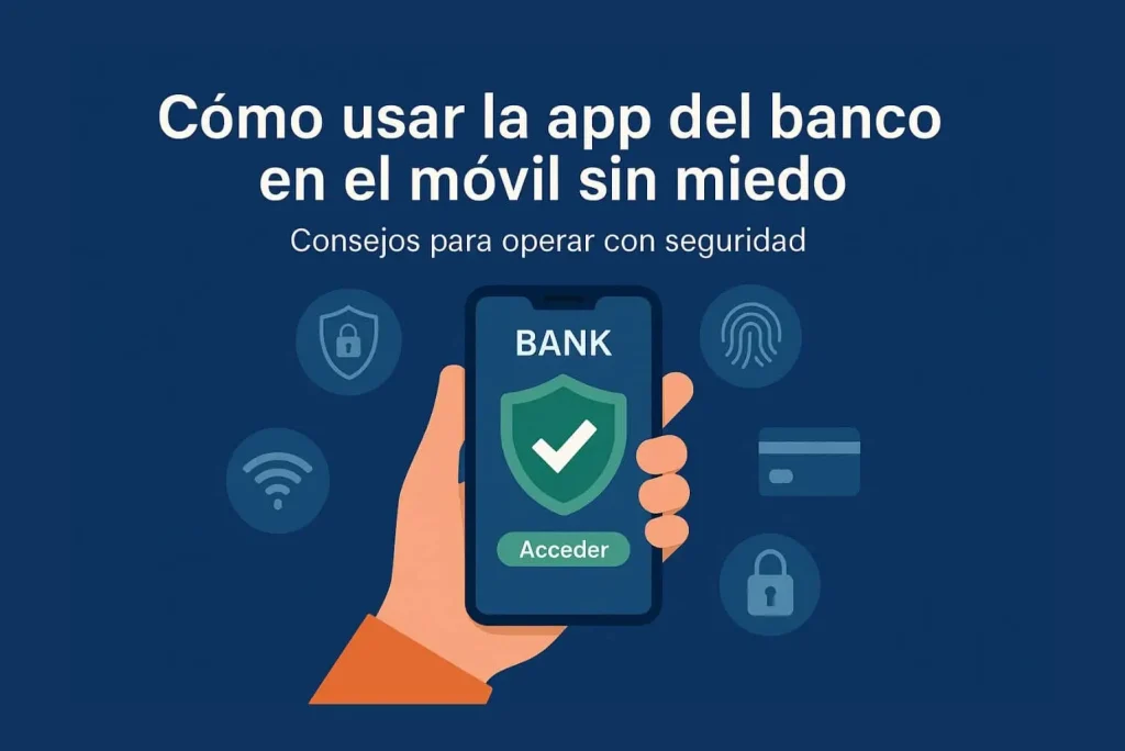 Ilustración de un móvil con app bancaria y candados sobre cómo usar la app del banco de forma segura