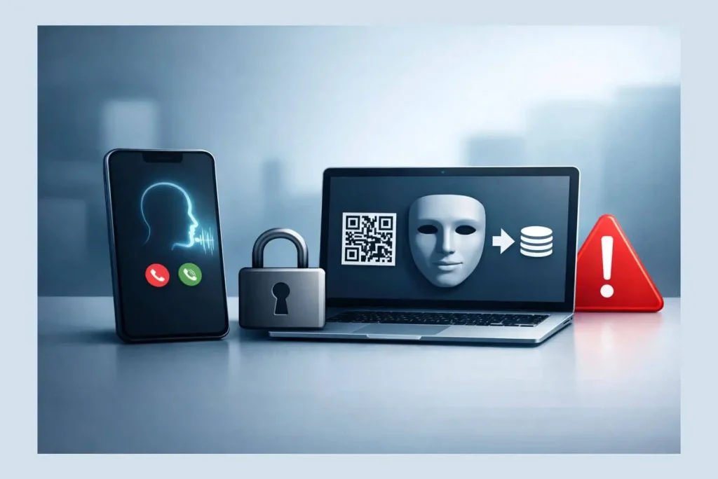 Móvil y portátil con iconos de voz, QR y alerta sobre estafas online del futuro