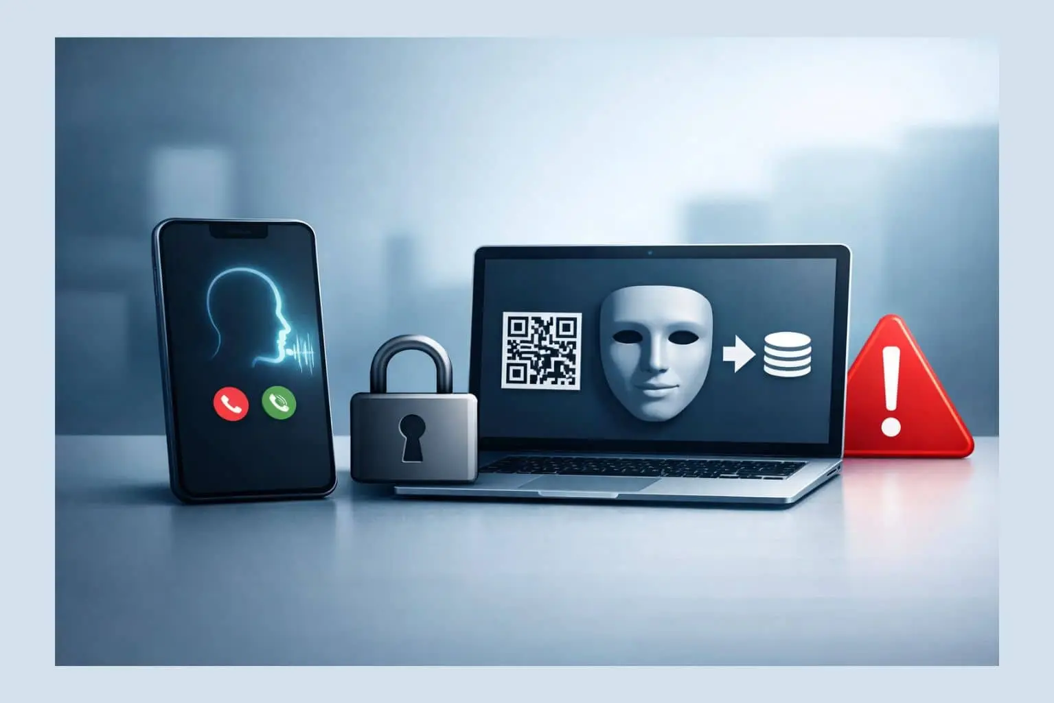 Móvil y portátil con iconos de voz, QR y alerta sobre estafas online del futuro