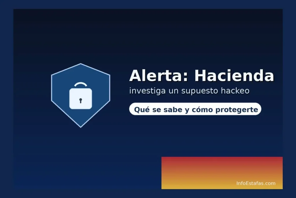 Alerta por posible ciberataque a Hacienda: escudo con candado y aviso de seguridad digital.