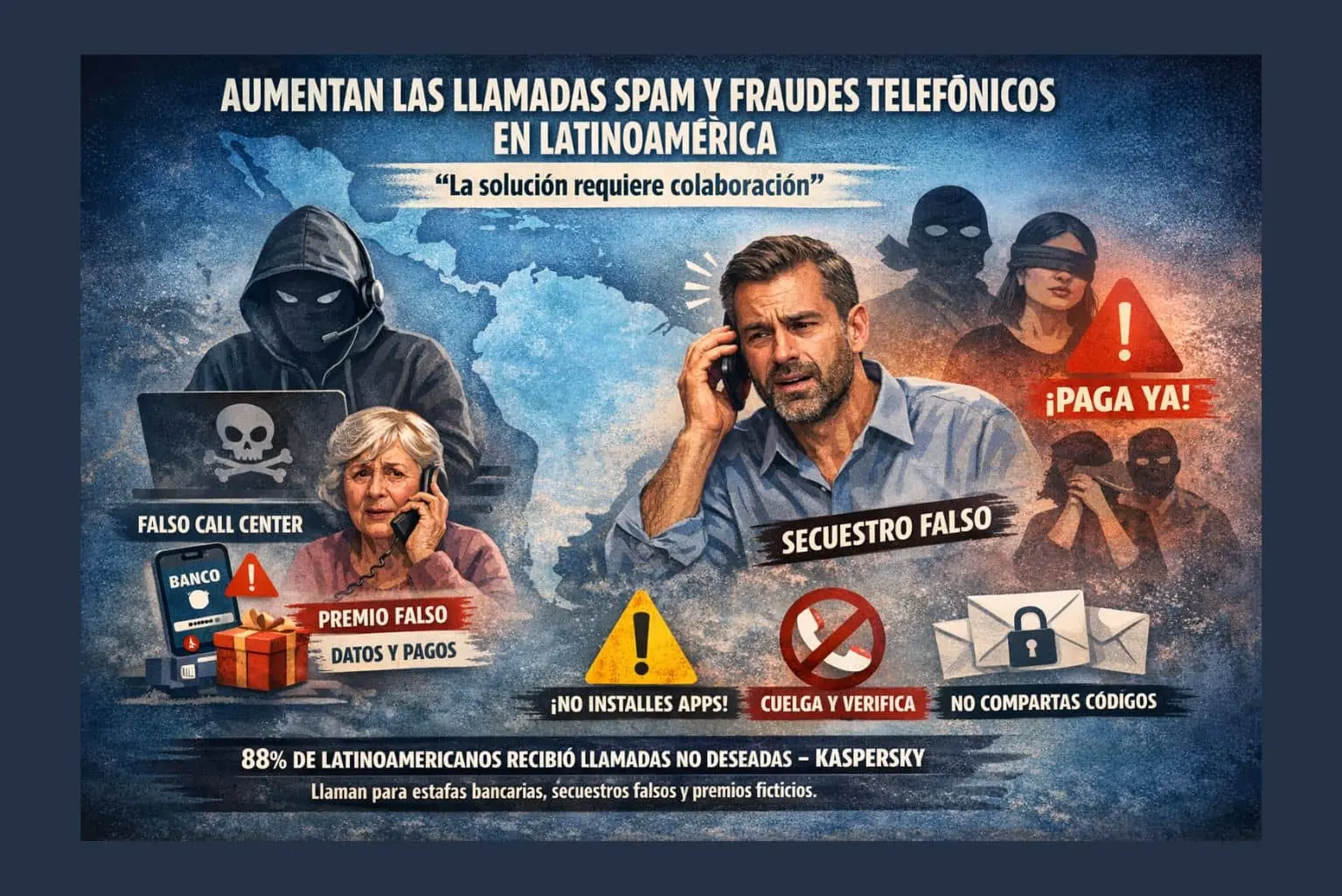 Llamadas spam y estafas telefónicas en Latinoamérica: falso call center, premio falso y secuestro falso.