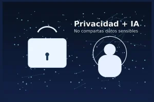 Ilustración de privacidad e inteligencia artificial: candado y silueta sobre fondo tecnológico.
