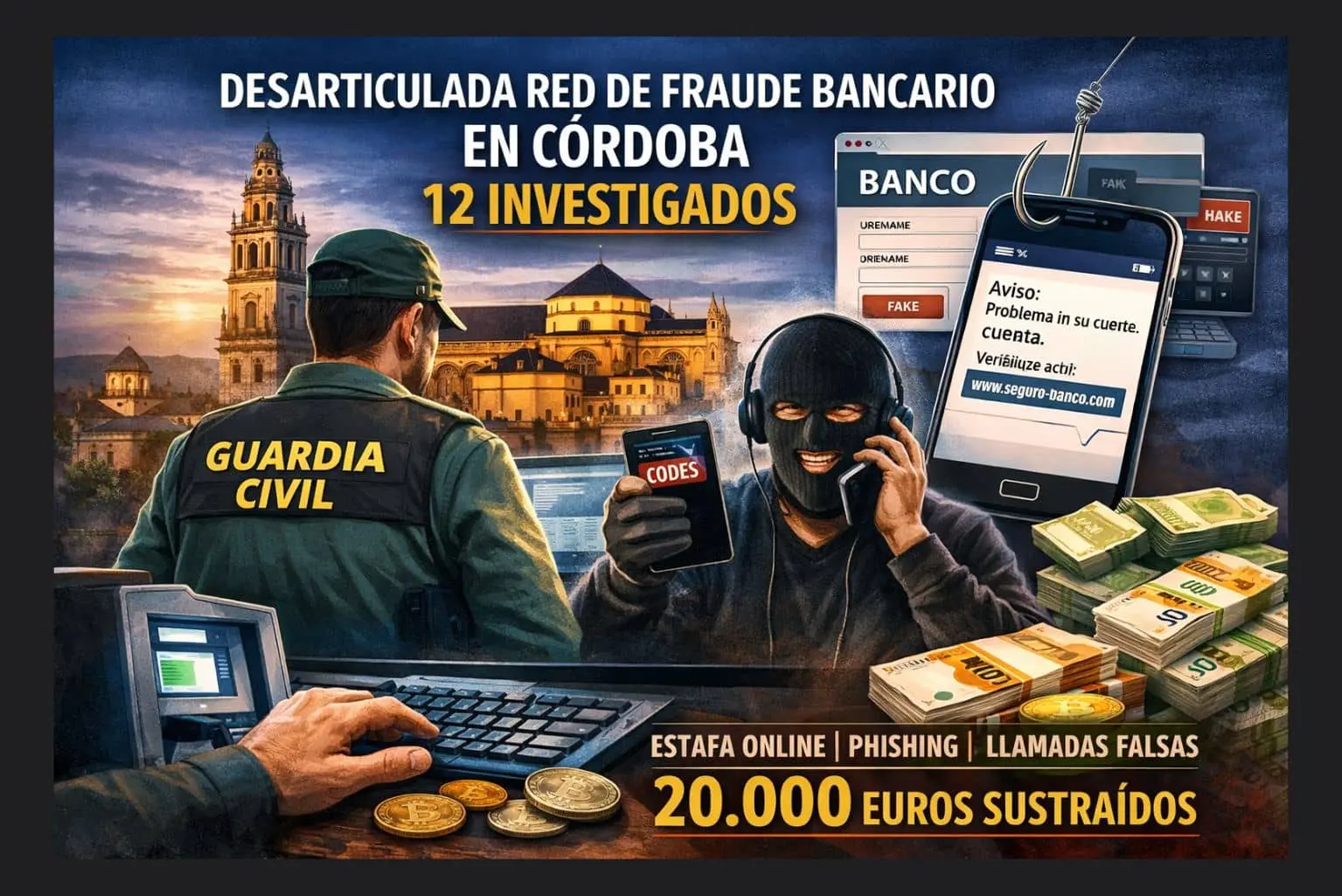 Guardia Civil y fraude bancario online en Córdoba con SMS falsos, phishing y 12 investigados