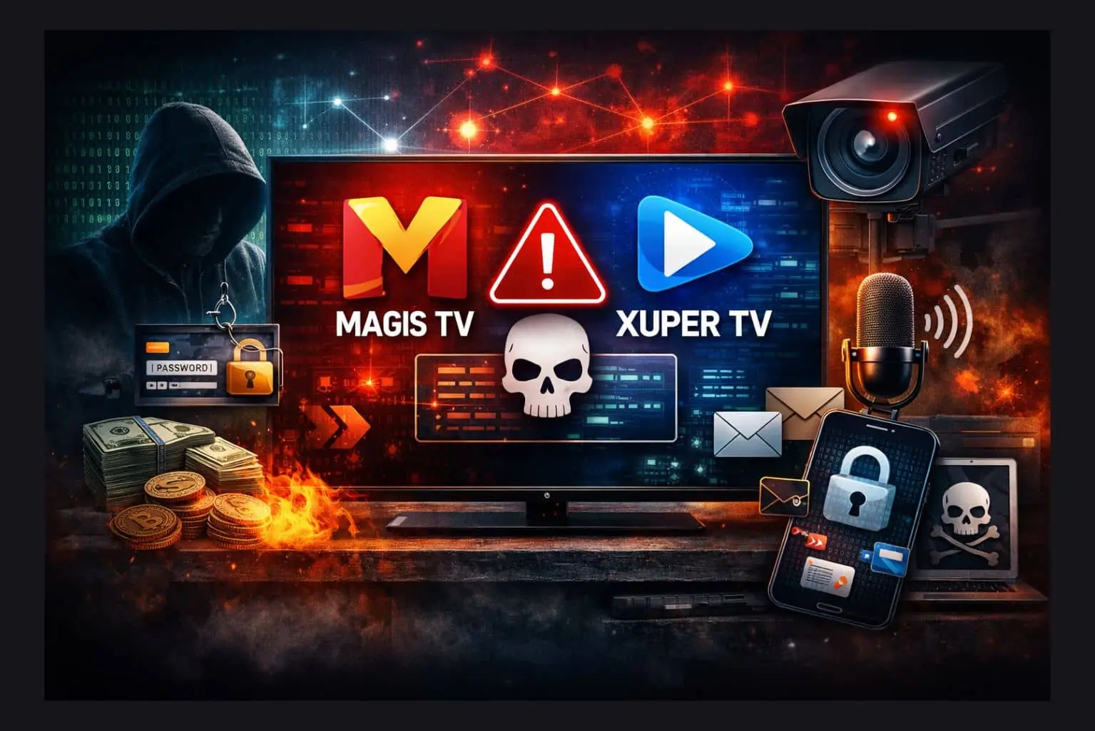 Magis TV y Xuper TV en una Smart TV con iconos de alerta, malware, robo de datos y espionaje digital